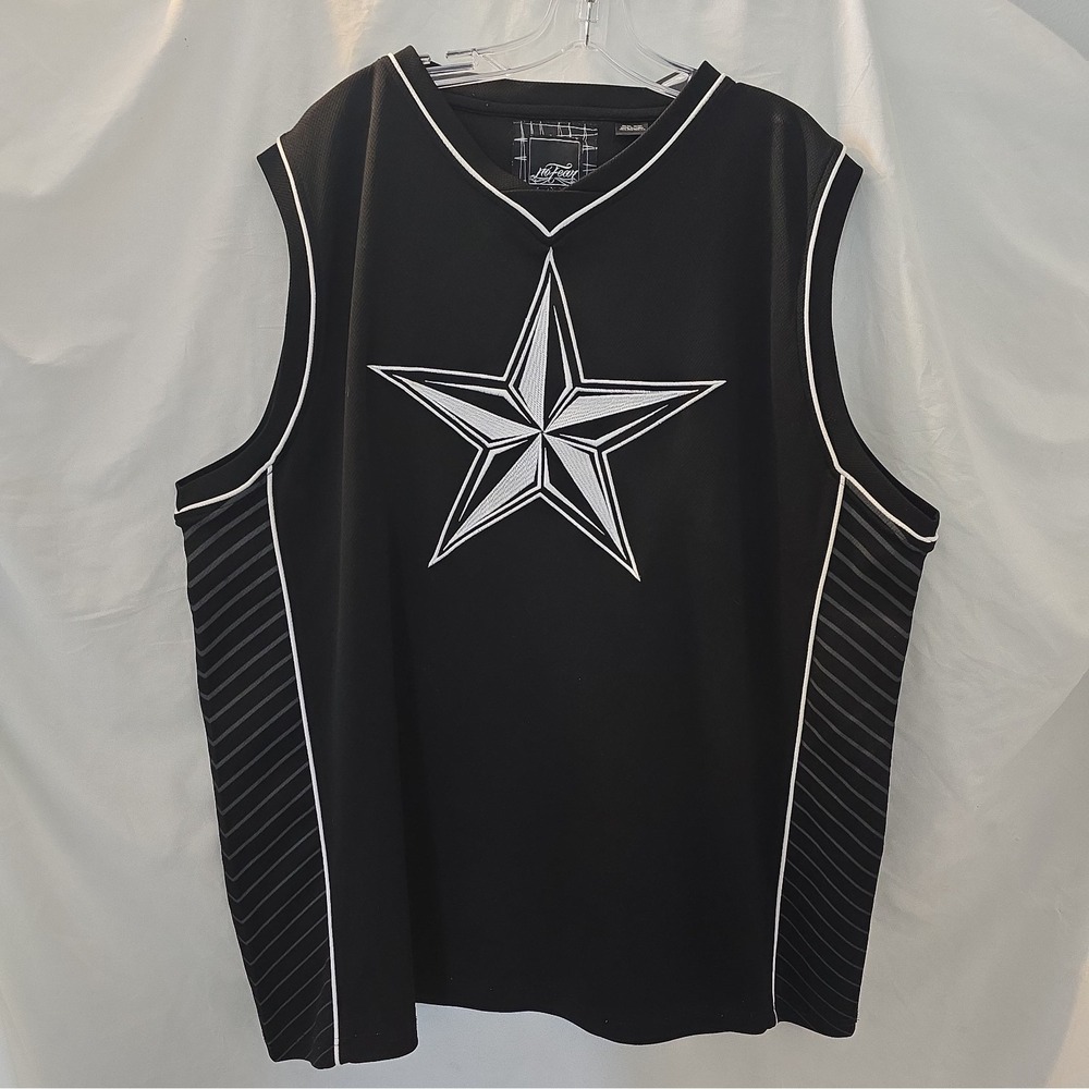 Vtg 90s Y2K No Fear Embroidered Star Mesh Jersey Black Tank Top Streetwear 2XL